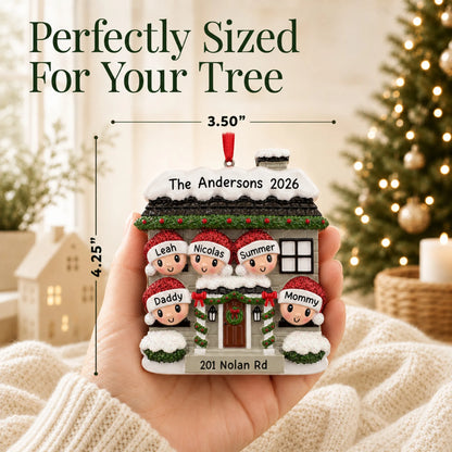 Size guide: the personalized new home family of 5 christmas ornament is 3.50 in wide by 4.25 in tall, shown in hand