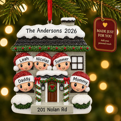 New home family of 5 christmas ornament hanging on a lit Christmas tree with a Made Just For You gift tag