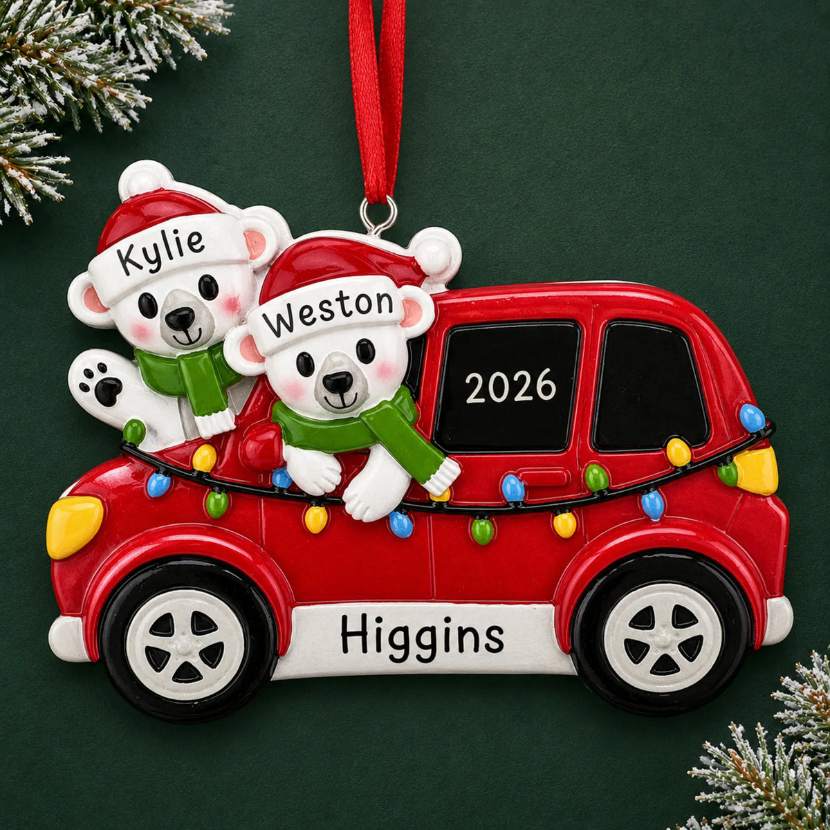 Personalized suv polar bear couple christmas ornament on a dark green pine background