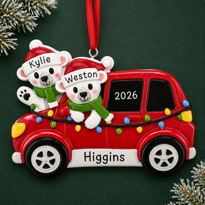 Personalized suv polar bear couple christmas ornament on a dark green pine background