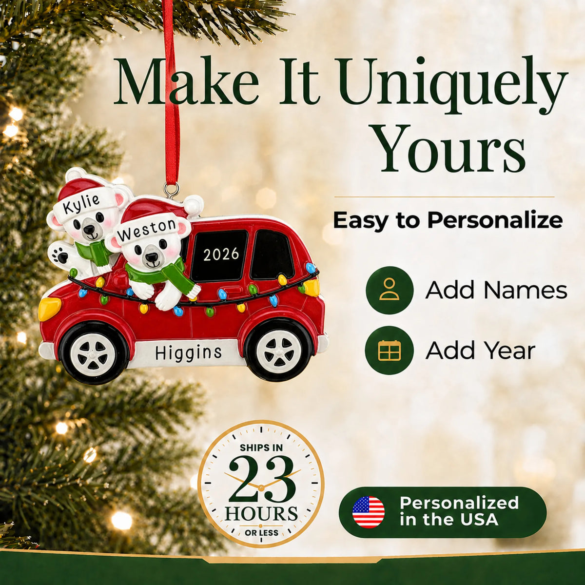 Make it yours: add names to the personalized suv polar bear couple christmas ornament