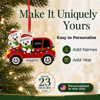 Make it yours: add names to the personalized suv polar bear couple christmas ornament