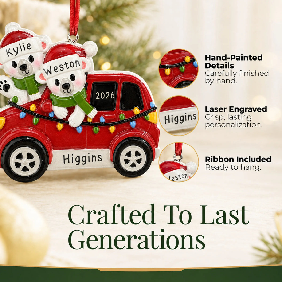 Hand-painted details and laser engraved personalization on the suv polar bear couple christmas ornament, ribbon included