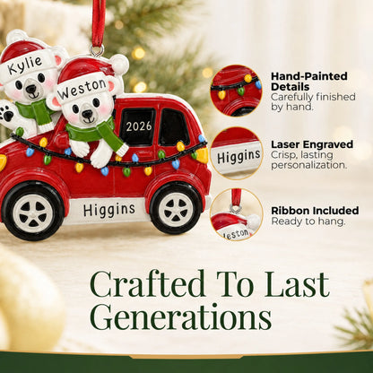 Hand-painted details and laser engraved personalization on the suv polar bear couple christmas ornament, ribbon included