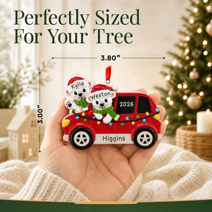 Size guide: the personalized suv polar bear couple christmas ornament is 3.80 in wide by 3.00 in tall, shown in hand