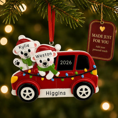 Suv polar bear couple christmas ornament hanging on a lit Christmas tree with a Made Just For You gift tag