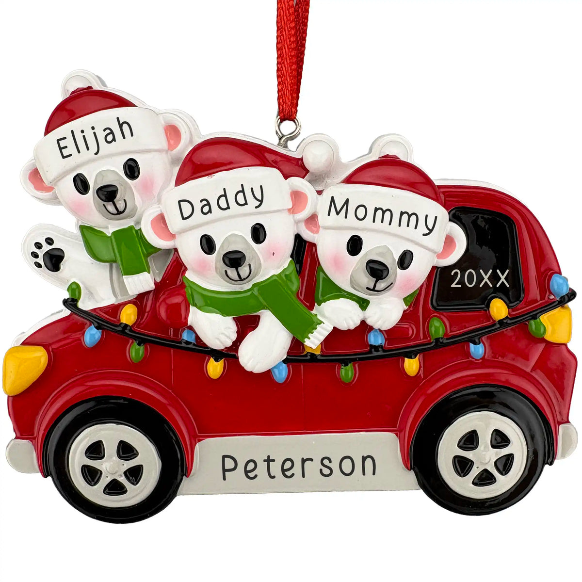Personalized SUV polar bear family of 3 Christmas ornament in a red car with names, year and family name