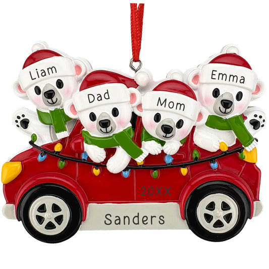 Personalized SUV polar bear family of 4 Christmas ornament in a red car with names, year and family name