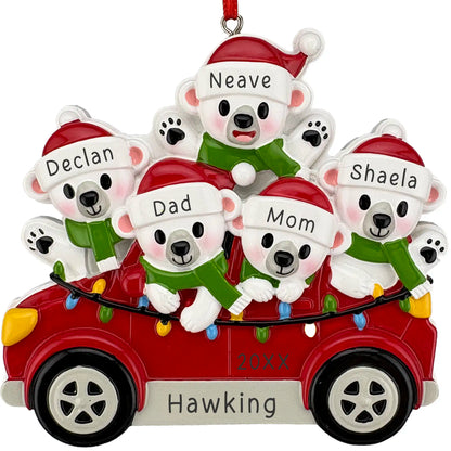 Personalized SUV polar bear family of 5 Christmas ornament in a red car with names, year and family name