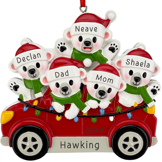 Personalized SUV polar bear family of 5 Christmas ornament in a red car with names, year and family name
