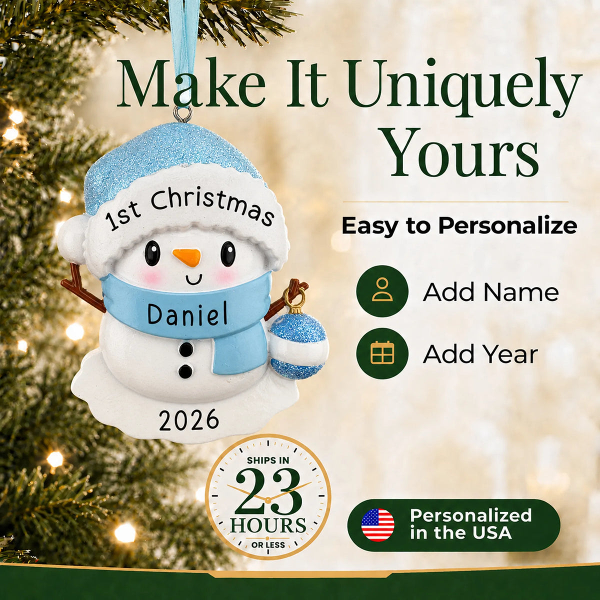 Make it yours: add name and year to the personalized blue baby snowman christmas ornament