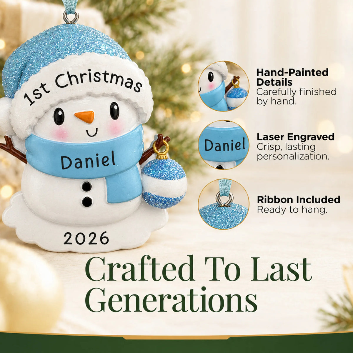 Hand-painted details and laser engraved personalization on the blue baby snowman christmas ornament, ribbon included