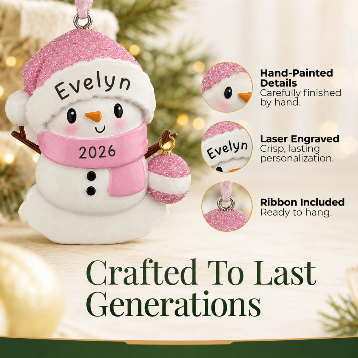 Hand-painted details and laser engraved personalization on the pink baby snowman christmas ornament, ribbon included