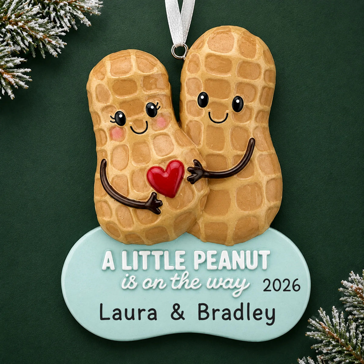 Personalized Little Peanut Expecting christmas ornament on a dark green pine background