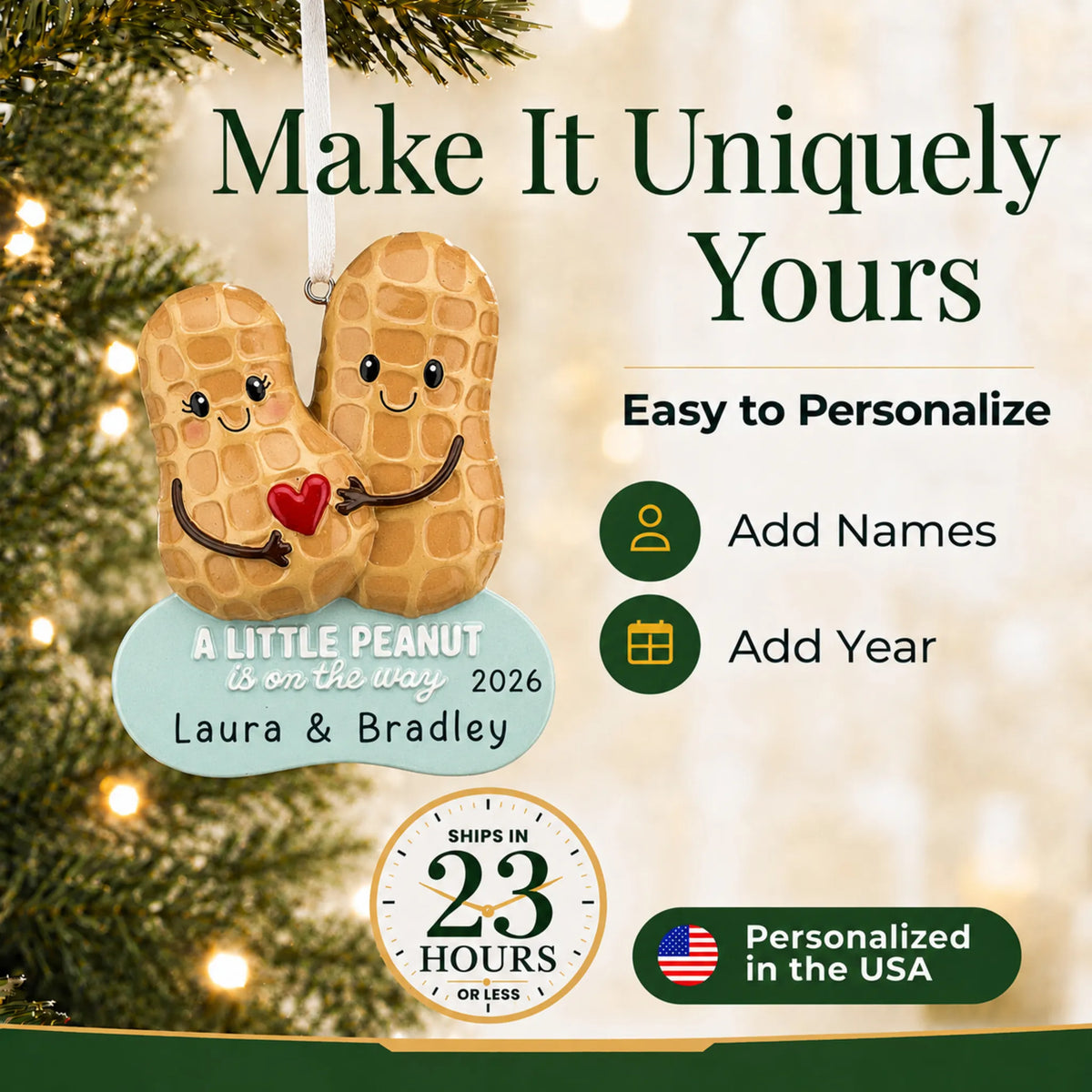 Make it yours: personalize the Little Peanut Expecting christmas ornament