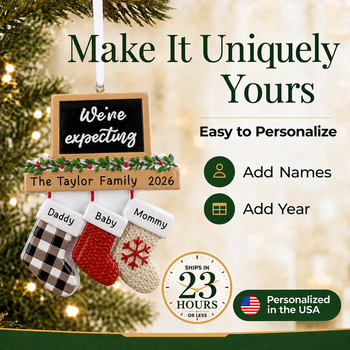 Make it yours: personalize the We're Expecting Couple's christmas ornament