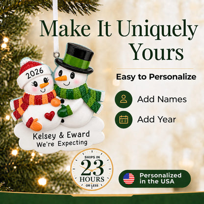 Make it yours: personalize the Expecting Snowman Couple christmas ornament