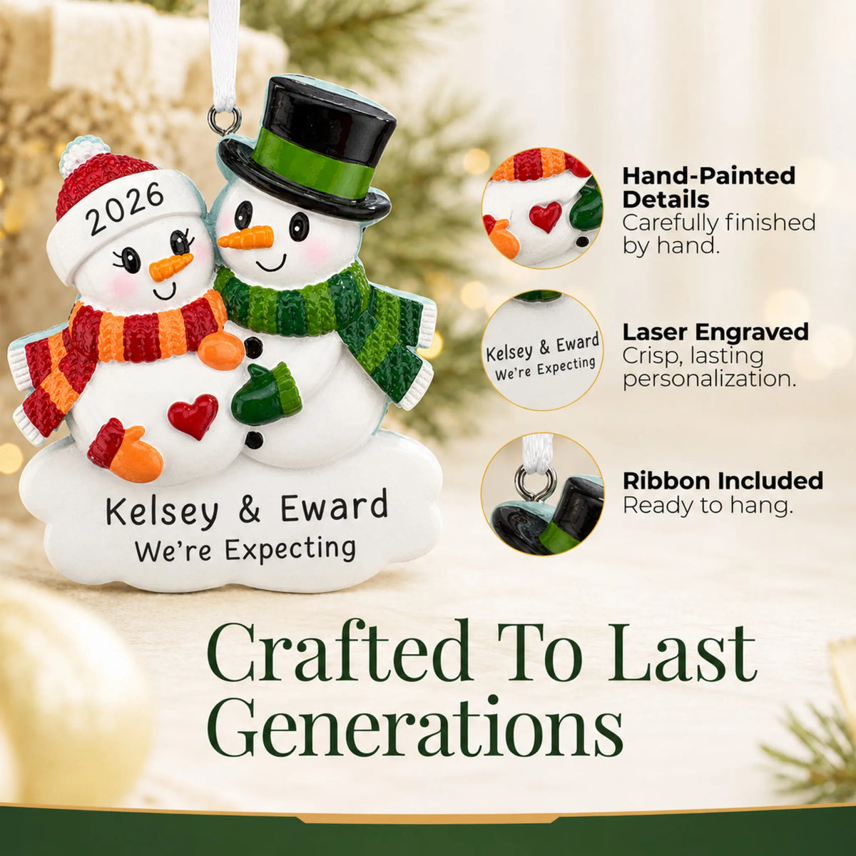 Hand-painted details and laser engraved personalization on the Expecting Snowman Couple christmas ornament, ribbon included