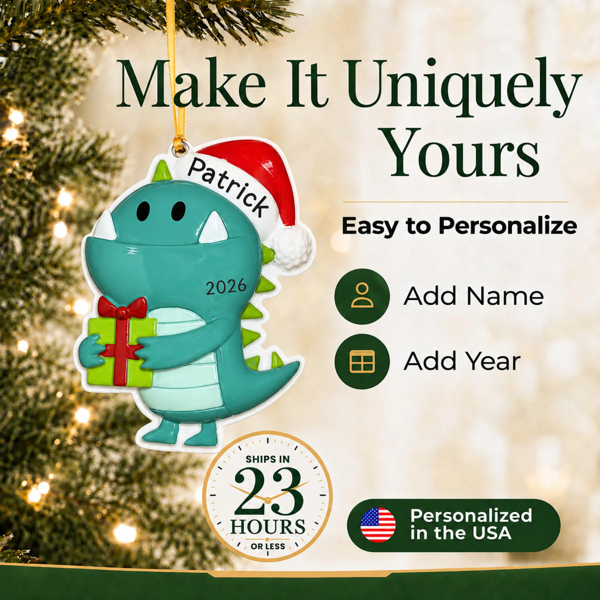 Make it yours: add name and year to the personalized christmas monster ornament