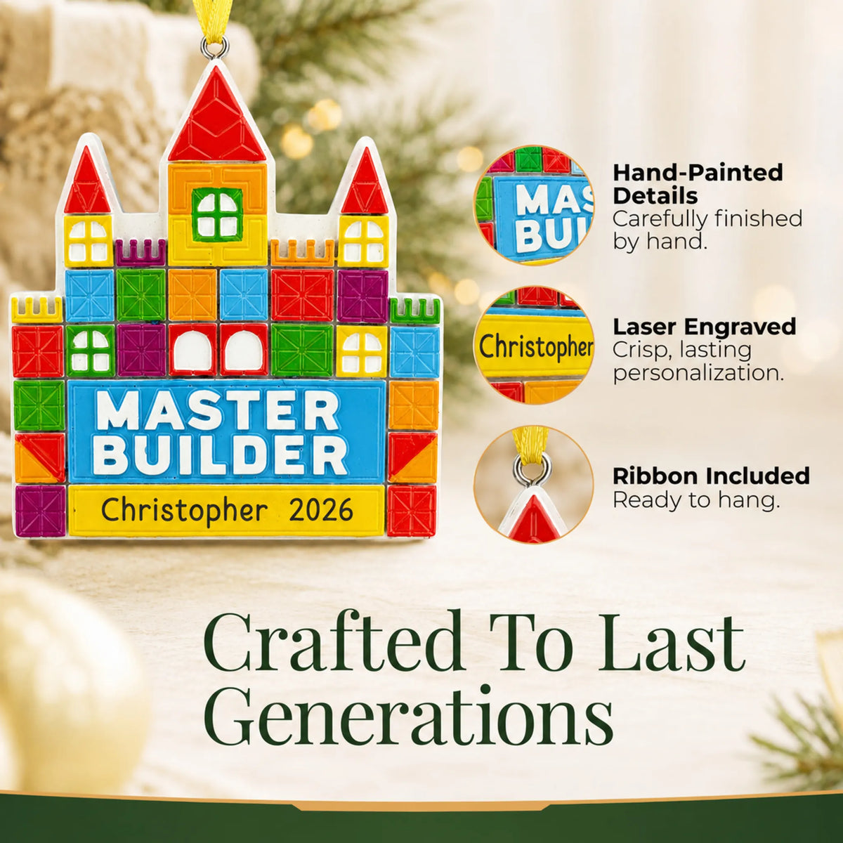 Hand-painted details and laser engraved personalization on the master tile builder christmas ornament, ribbon included