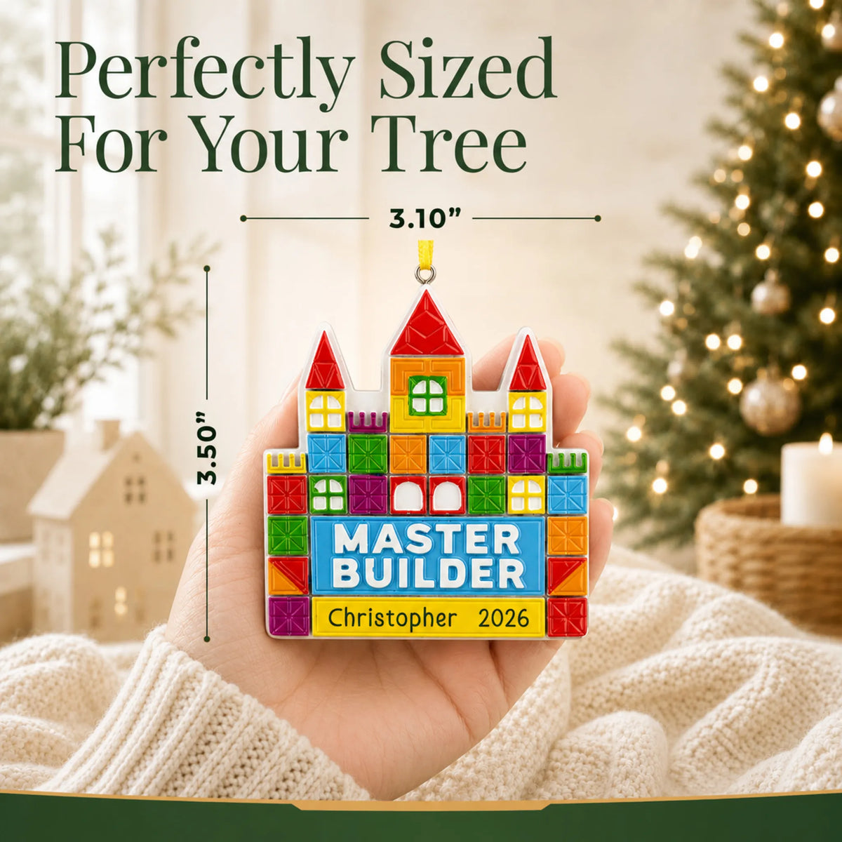 Size guide: the personalized master tile builder christmas ornament is 3.10 in wide by 3.50 in tall, shown in hand