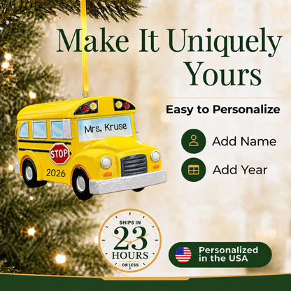 Personalize the yellow school bus Christmas ornament with your details, ships in 23 hours, personalized in the USA