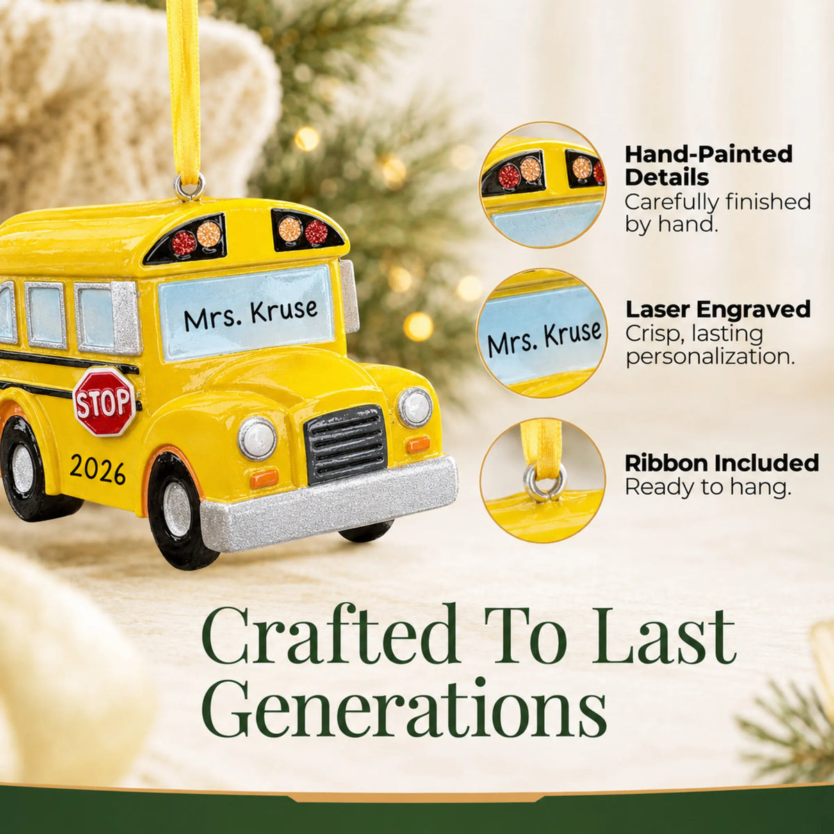 Close-up of the yellow school bus Christmas ornament: hand-painted finish, laser engraving, ribbon included