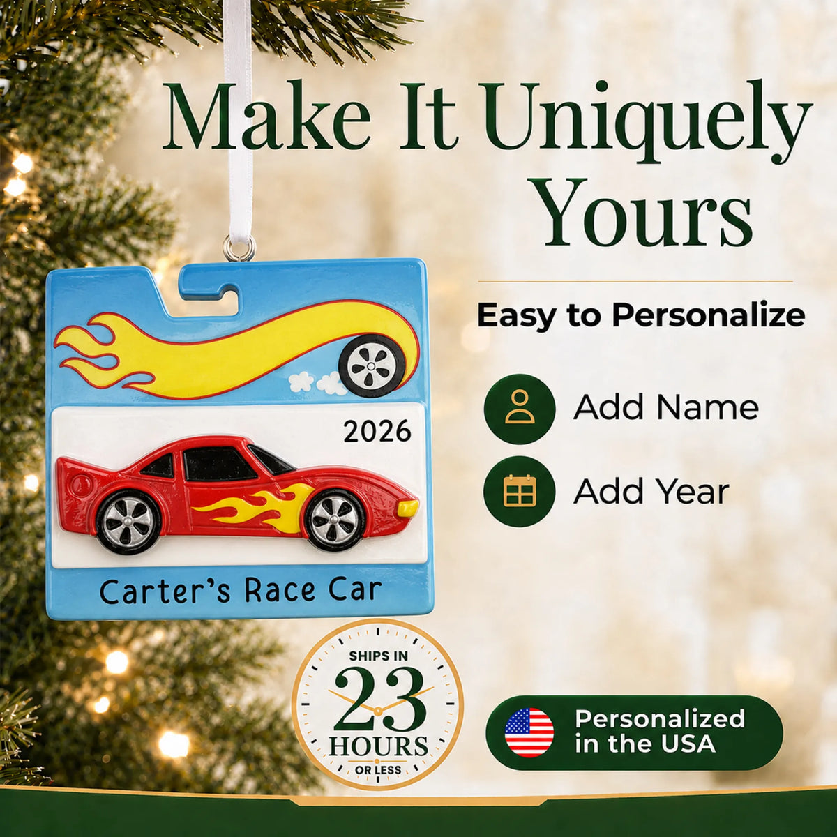 Make it yours: add name and year to the personalized race car christmas ornament