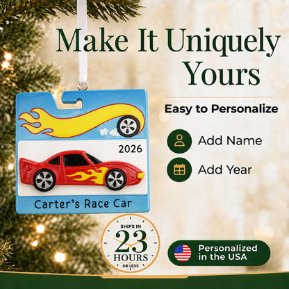 Make it yours: add name and year to the personalized race car christmas ornament
