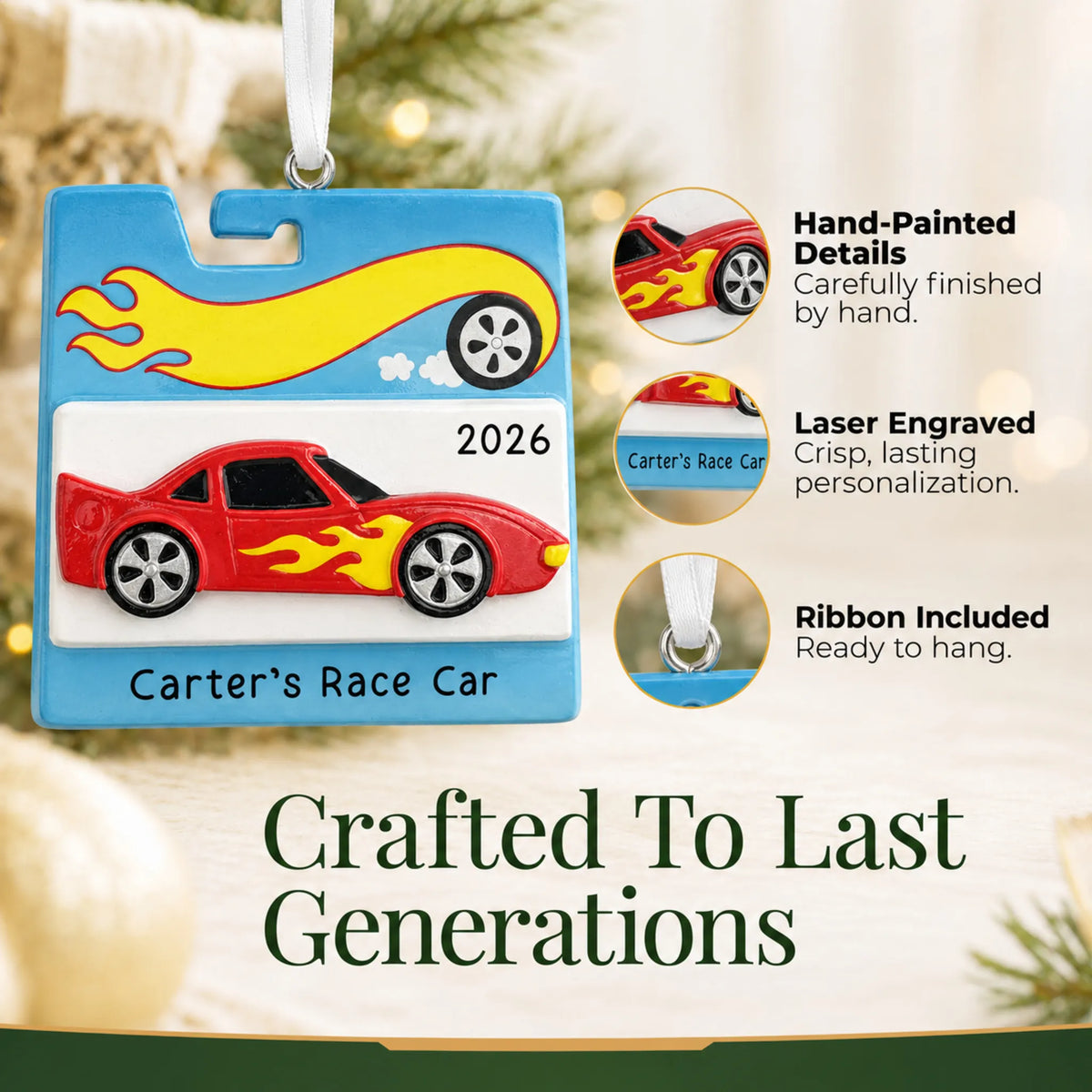 Hand-painted details and laser engraved personalization on the race car christmas ornament, ribbon included