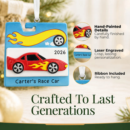 Hand-painted details and laser engraved personalization on the race car christmas ornament, ribbon included