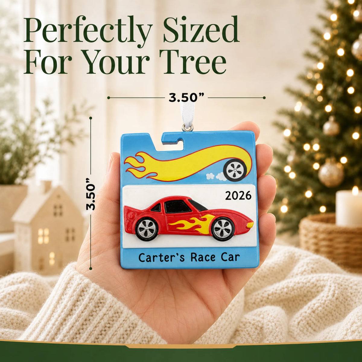 Size guide: the personalized race car christmas ornament is 3.50 in wide by 3.50 in tall, shown in hand