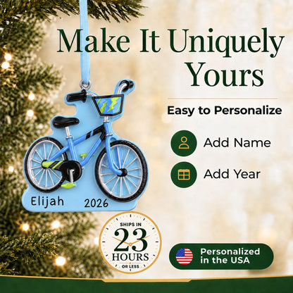 Make it yours: add name and year to the personalized boy's first bike christmas ornament