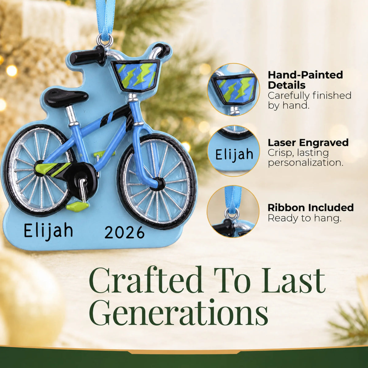 Hand-painted details and laser engraved personalization on the boy's first bike christmas ornament, ribbon included