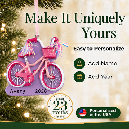 Make it yours: add name and year to the personalized girl's first bike christmas ornament