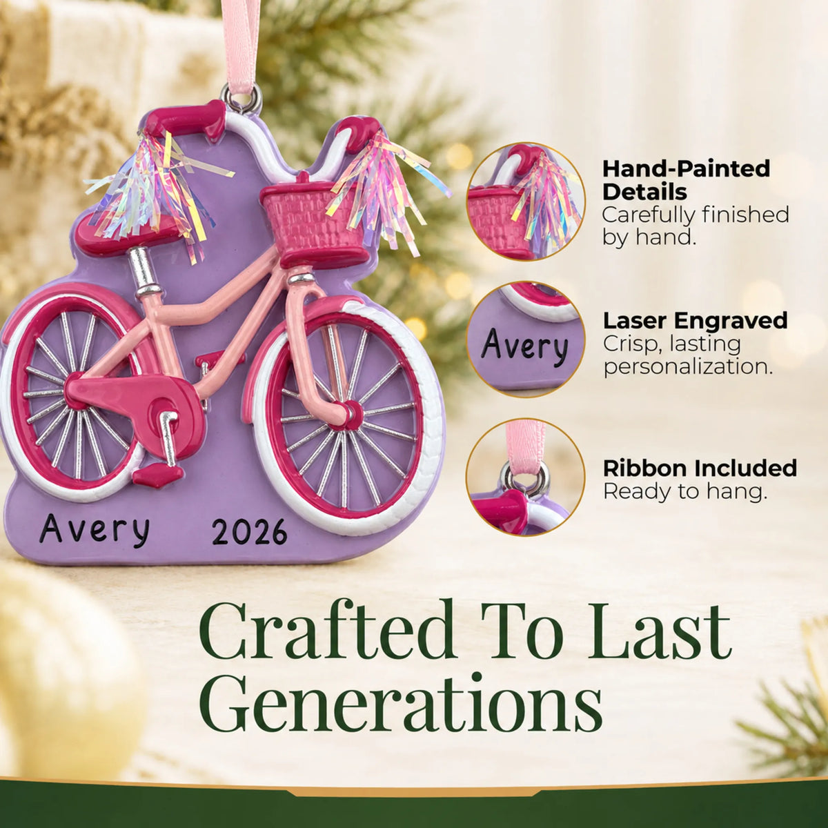 Hand-painted details and laser engraved personalization on the girl's first bike christmas ornament, ribbon included