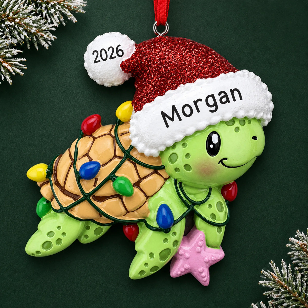 Personalized festive sea turtle christmas ornament on a dark green pine background