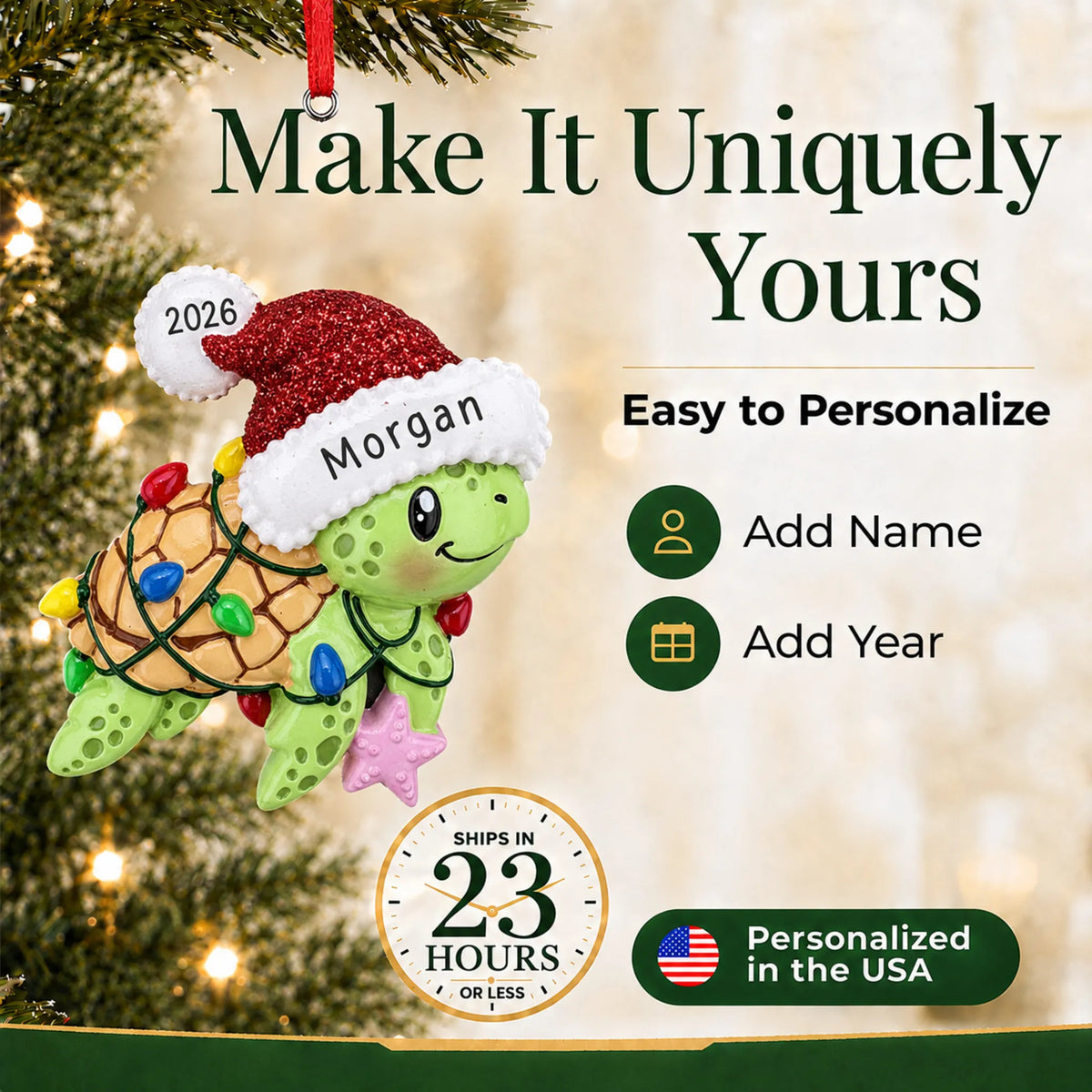 Make it yours: add a name and year to the personalized festive sea turtle christmas ornament
