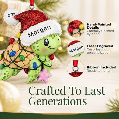 Hand-painted details and laser engraved personalization on the festive sea turtle christmas ornament, ribbon included