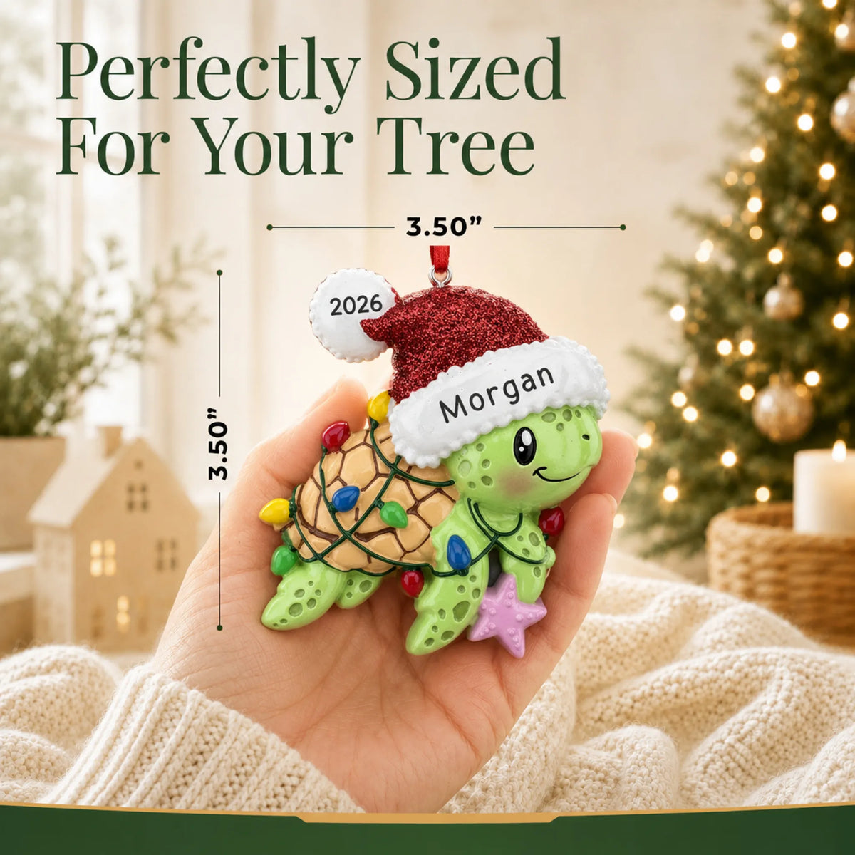 Size guide: the personalized festive sea turtle christmas ornament is 3.50 in wide by 3.50 in tall, shown in hand