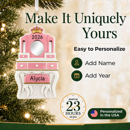 Make it yours: add name and year to the personalized girls vanity mirror christmas ornament