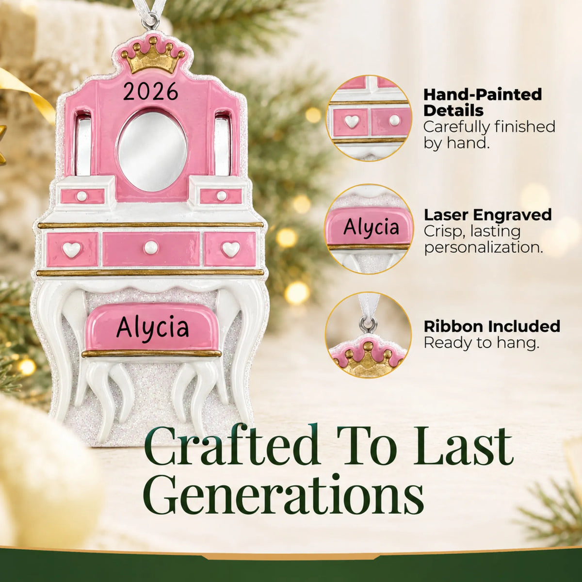 Hand-painted details and laser engraved personalization on the girls vanity mirror christmas ornament, ribbon included
