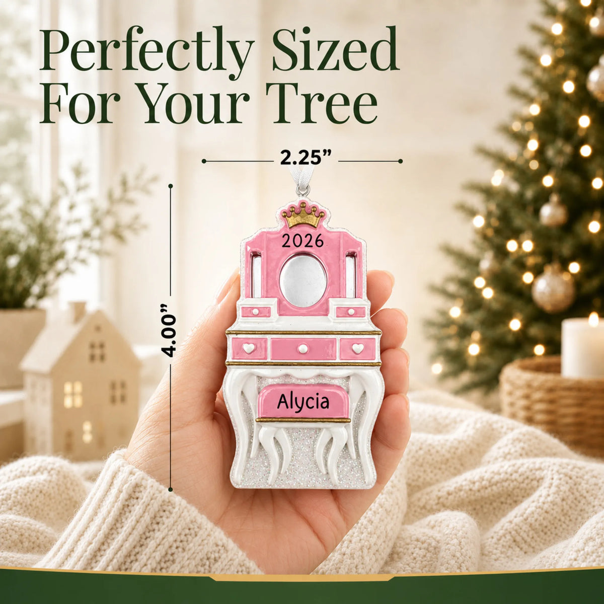 Size guide: the personalized girls vanity mirror christmas ornament is 2.25 in wide by 4.00 in tall, shown in hand
