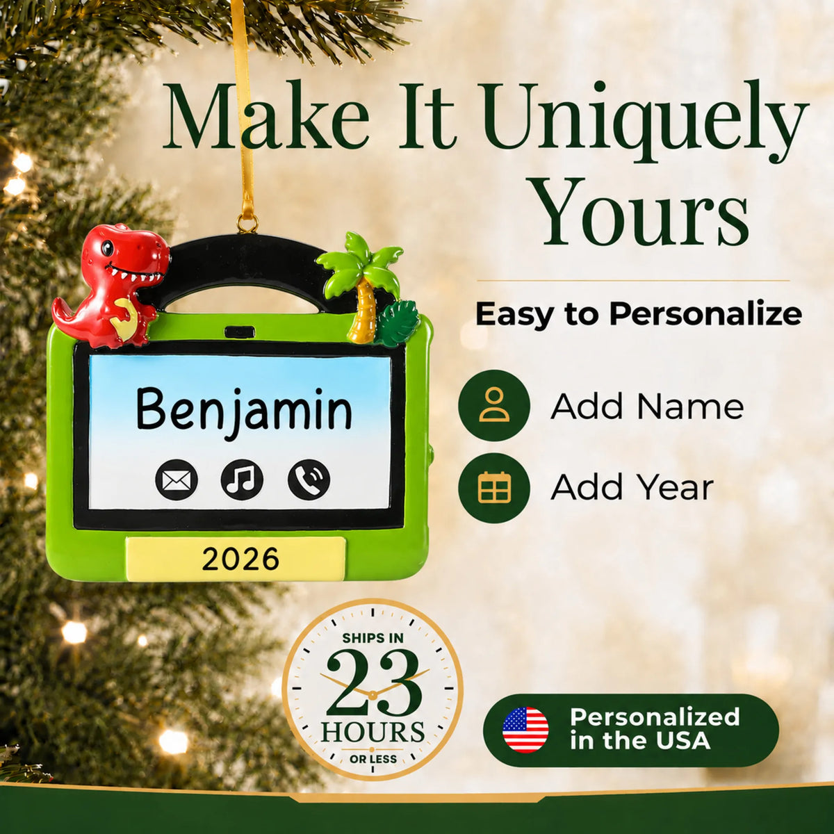 Make it yours: add name and year to the personalized boys tablet christmas ornament