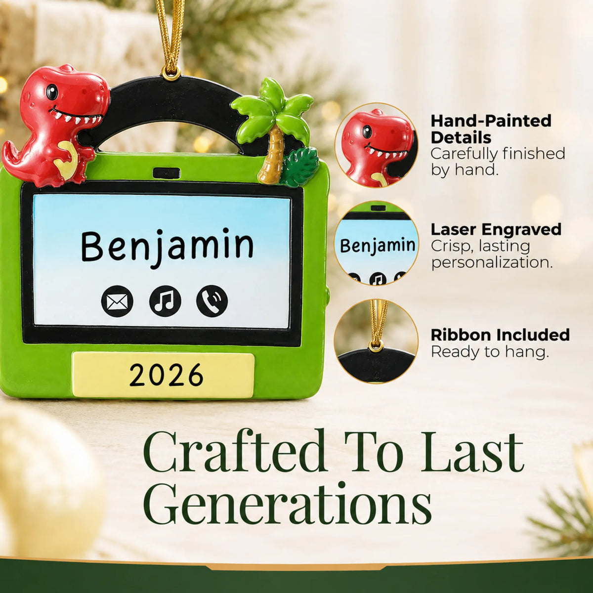 Hand-painted details and laser engraved personalization on the boys tablet christmas ornament, ribbon included