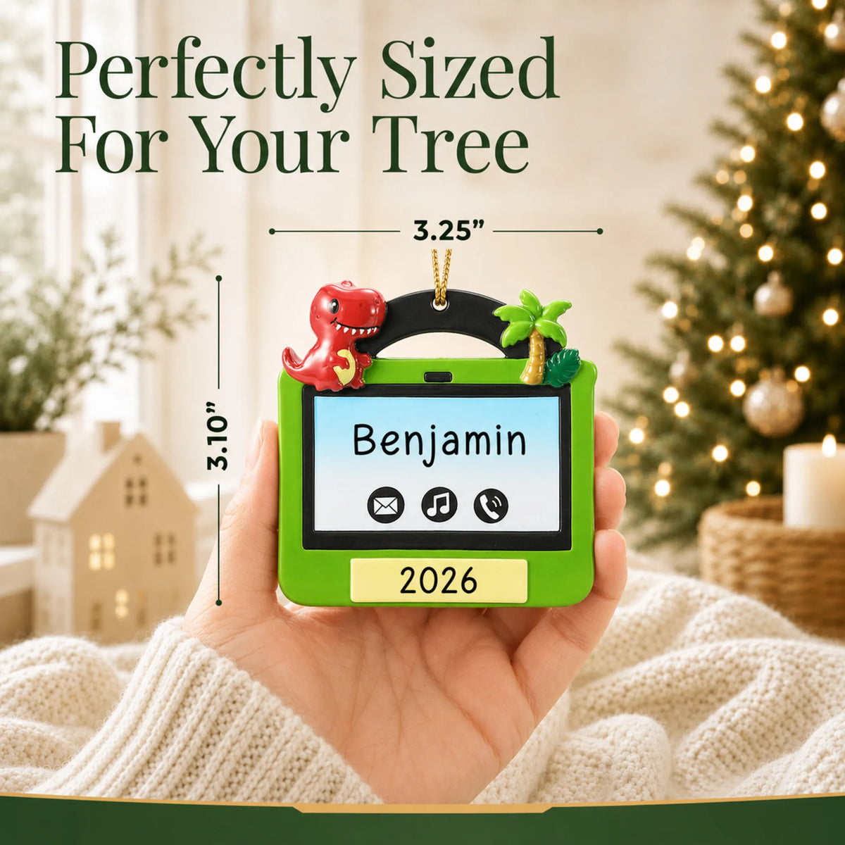 Size guide: the personalized boys tablet christmas ornament is 3.25 in wide by 3.10 in tall, shown in hand