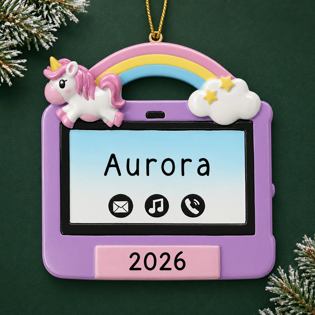 Personalized girls tablet christmas ornament on a dark green pine background