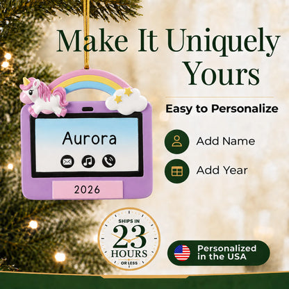 Make it yours: add name and year to the personalized girls tablet christmas ornament