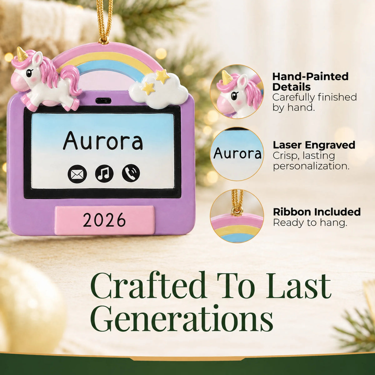 Hand-painted details and laser engraved personalization on the girls tablet christmas ornament, ribbon included