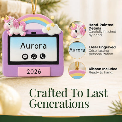 Hand-painted details and laser engraved personalization on the girls tablet christmas ornament, ribbon included